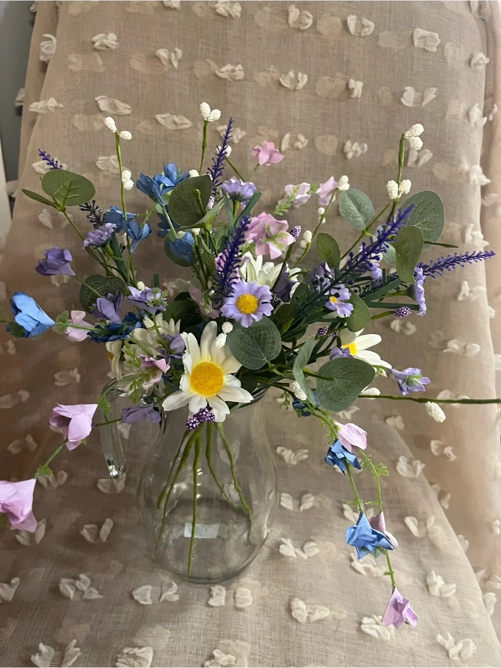 Handcrafted Faux Floral Bouquet with White, Purple & Blue Accents